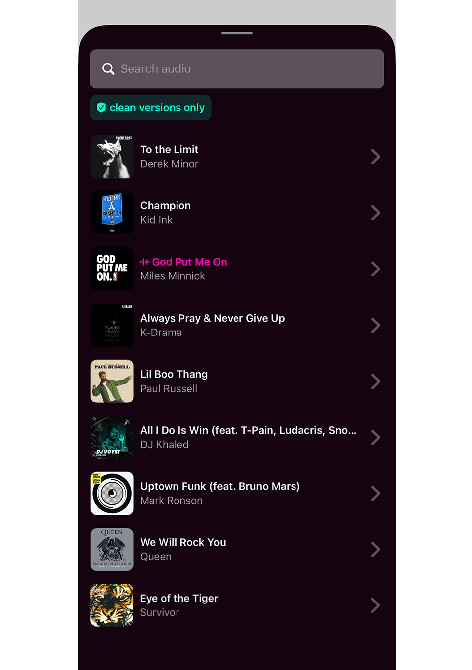 search modal to set a hype song in the Flexr app