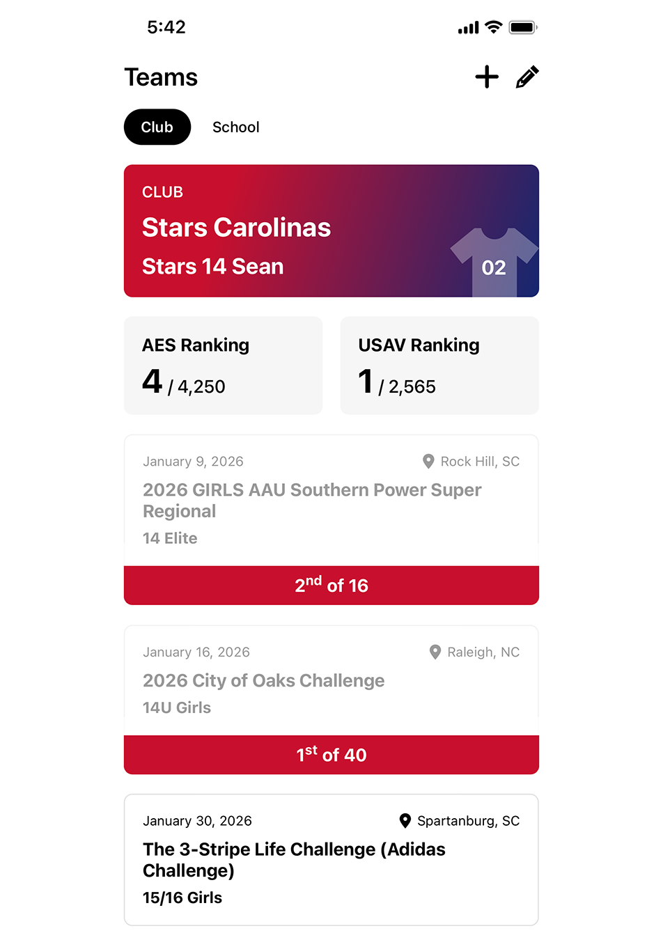 teams section in the Flexr app showing club and school teams along with rankings and tournament schedule and results